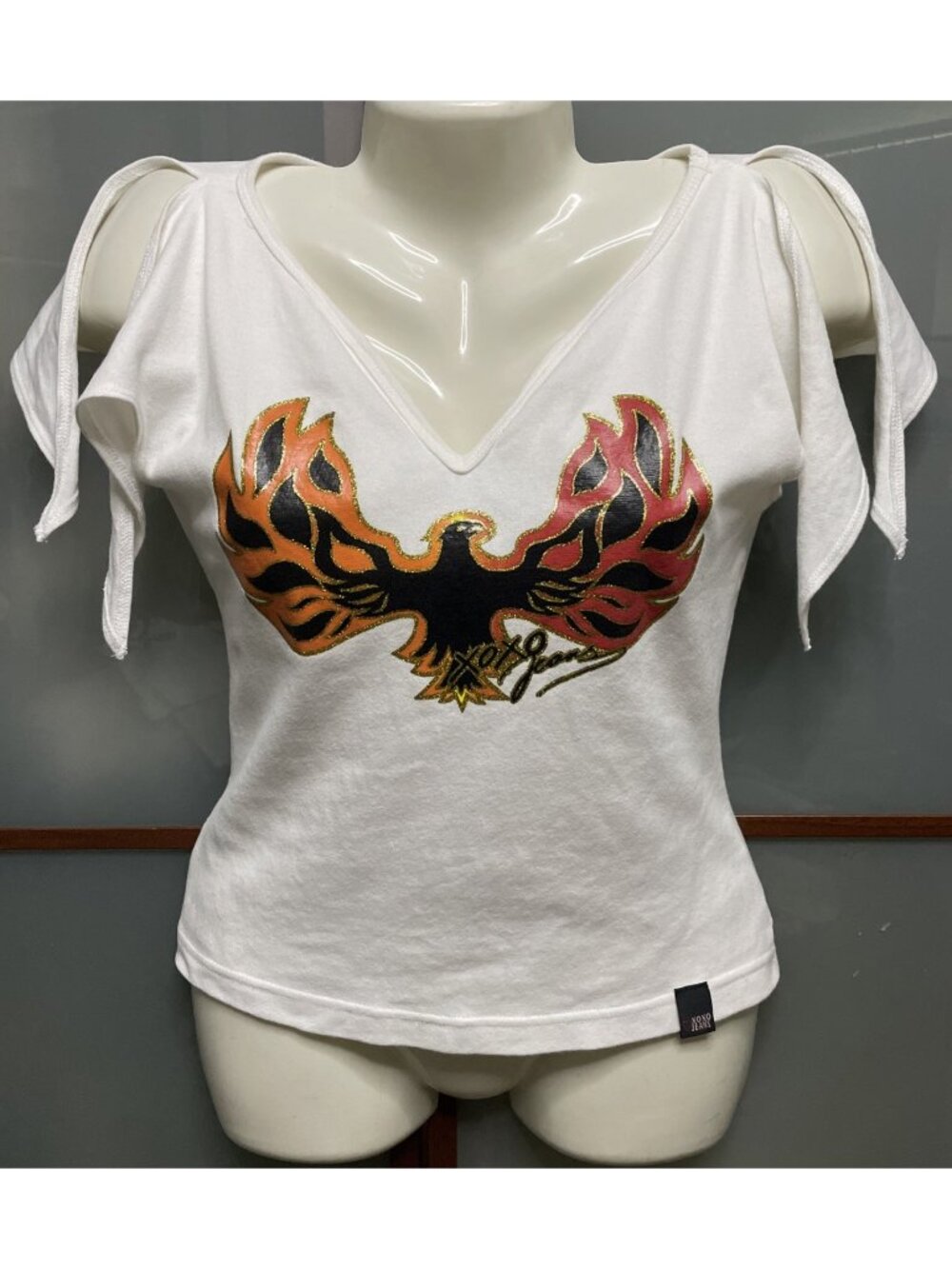 XOXO Jeans Vintage Y2K Small White Cold Shoulder Phoenix Bird Top Babydoll Tee